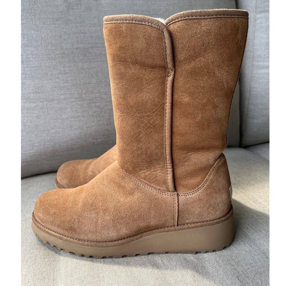UGG Women's 7 Amie Classic Slim Wedge Boots Chestnut Suede Shearling 1013428